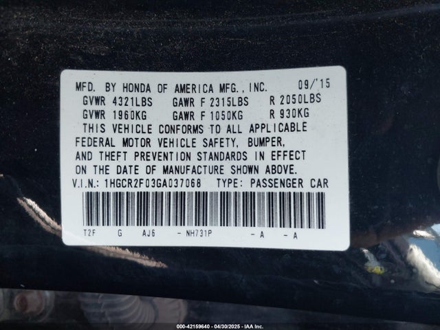 1HGCR2F03GA037068 Honda ACCORD EX