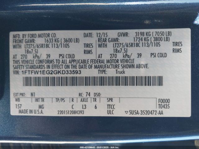 1FTFW1EG2GKD33593 Ford F-150 Xlt
