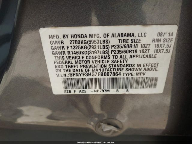 5FNYF3H57FB007864 Honda Pilot Ex-l