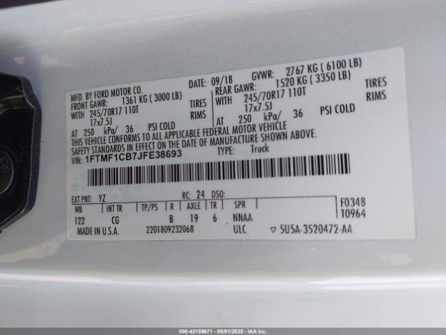 2018 FORD F-150 1FTMF1CB7JFE38693 Photo 8