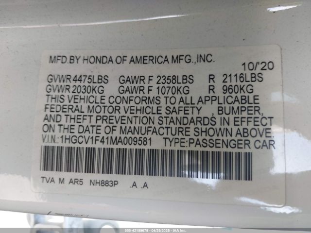 1HGCV1F41MA009581 Honda Accord Sport Special Edition