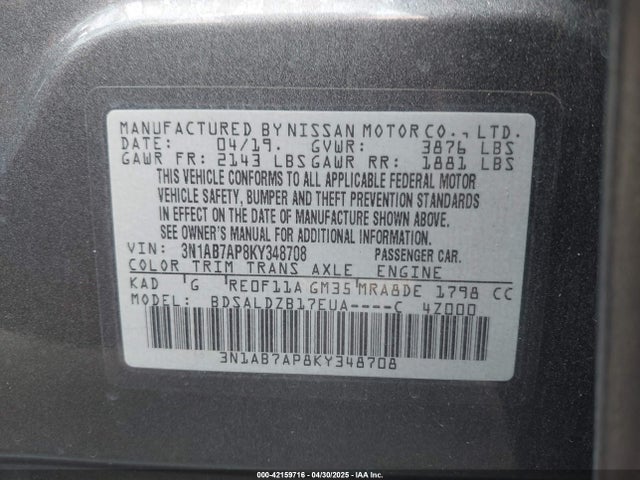 3N1AB7AP8KY348708 Nissan 2019
