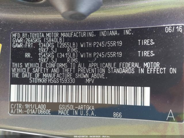 5TDYKRFH5GS159330 Toyota Highlander Limited V6