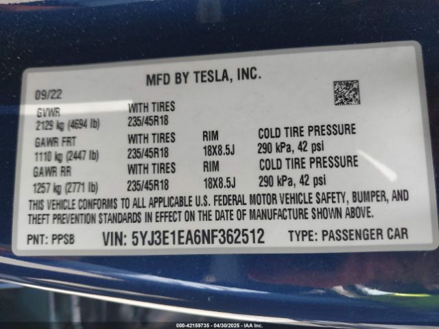 2022 TESLA MODEL 3 5YJ3E1EA6NF362512 Photo 8