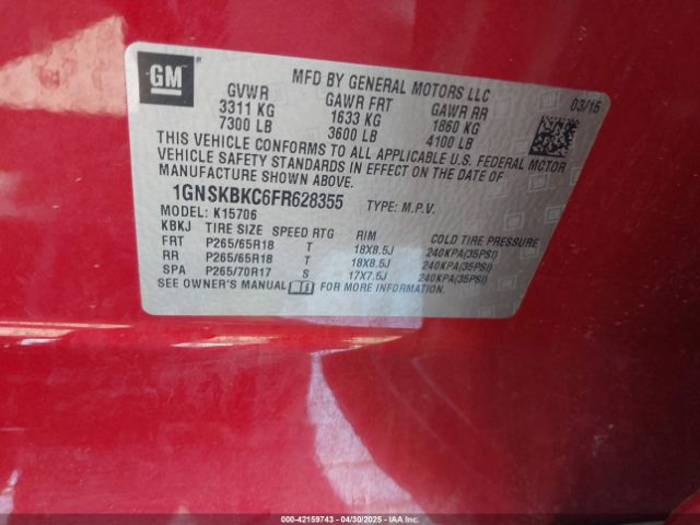 1GNSKBKC6FR628355 Chevrolet Tahoe Lt