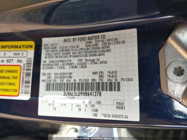 3LN6L5LU9HR641278 Lincoln Mkz Hybrid Select