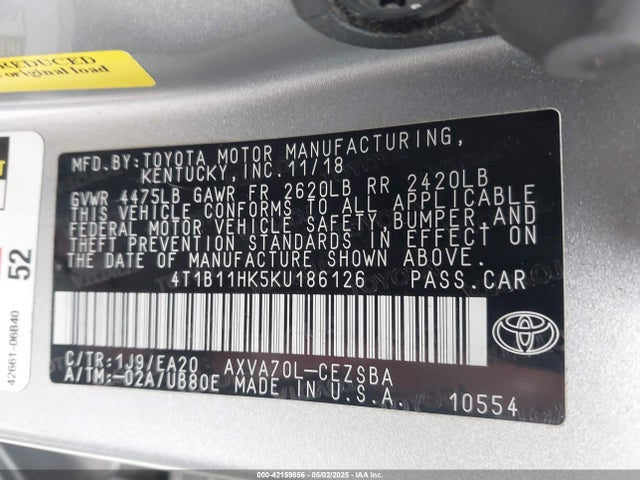 4T1B11HK5KU186126 Toyota CAMRY SE