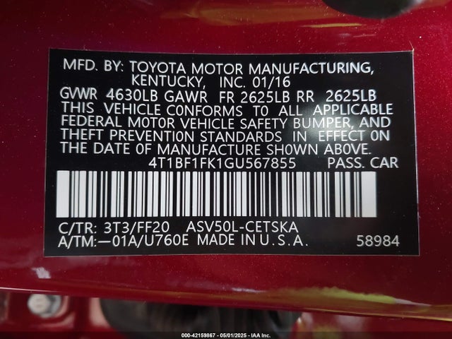 4T1BF1FK1GU567855 Toyota CAMRY SE
