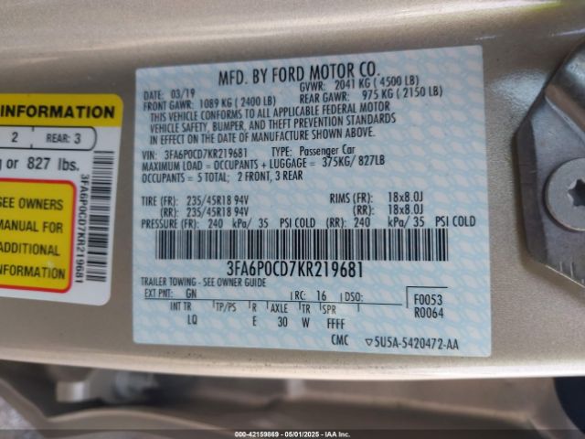 3FA6P0CD7KR219681 Ford FUSION SEL