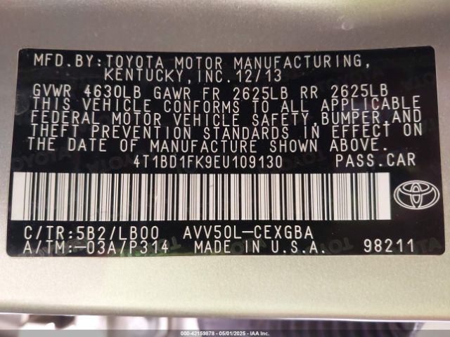 4T1BD1FK9EU109130 Toyota Camry Hybrid Xle