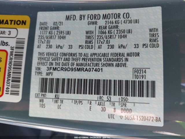 3FMCR9D95MRA07401 Ford Bronco Sport Badlands