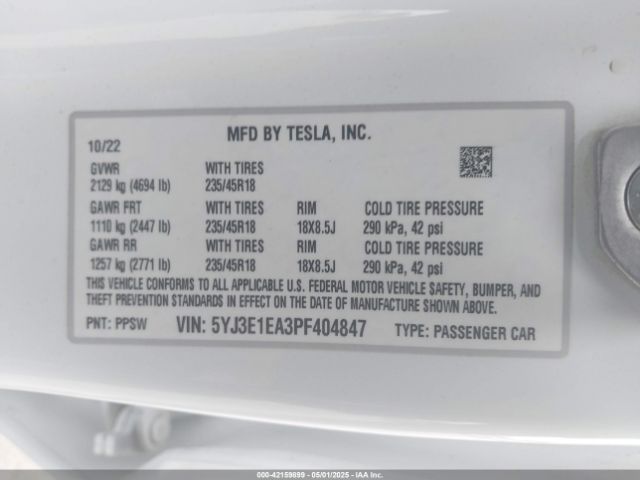 5YJ3E1EA3PF404847 Tesla Model 3 Rear-wheel Drive