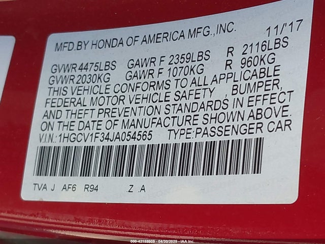 Honda l15be 2018 1HGCV1F34JA054565 Image 9