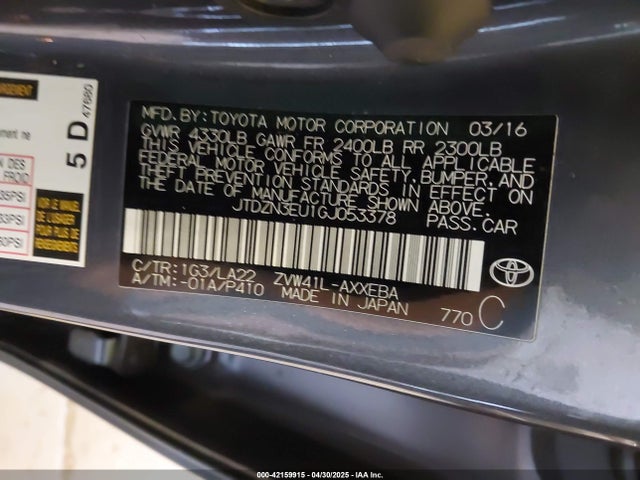 JTDZN3EU1GJ053378 Toyota 2zr-fxe, 5jm