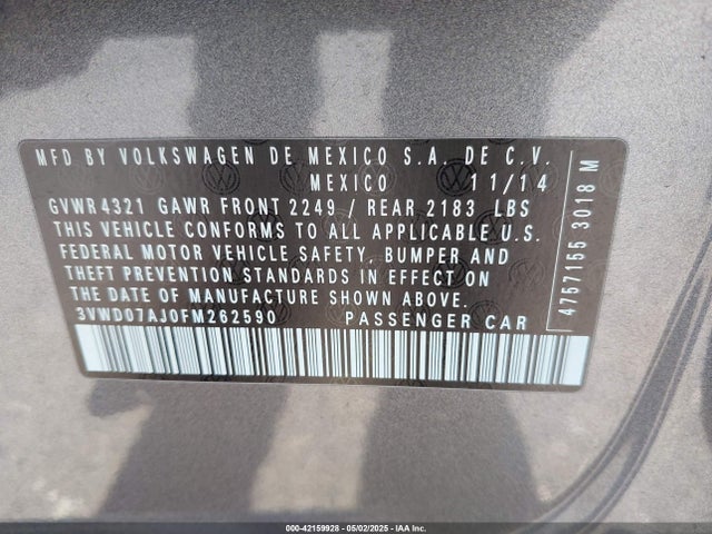 3VWD07AJ0FM262590 Volkswagen Jetta 1.8t Se