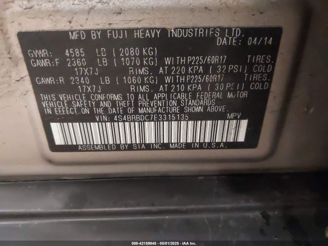 Subaru Outback 2.5i Premium 2014 4S4BRBDC7E3315135 Image 9