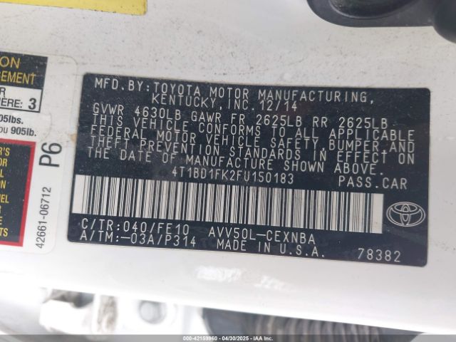 4T1BD1FK2FU150183 Toyota Camry Hybrid Le