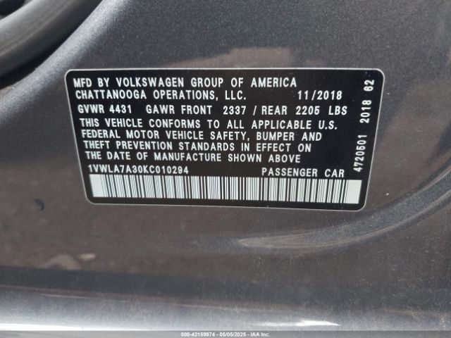 1VWLA7A30KC010294 Volkswagen Passat 2.0t Wolfsburg Edition