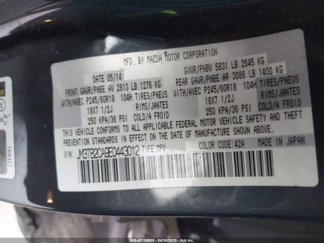 JM3TB2CA9E0443012 Mazda Cx-9 Touring