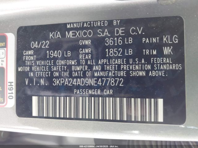 3KPA24AD9NE477872 KIA RIO S