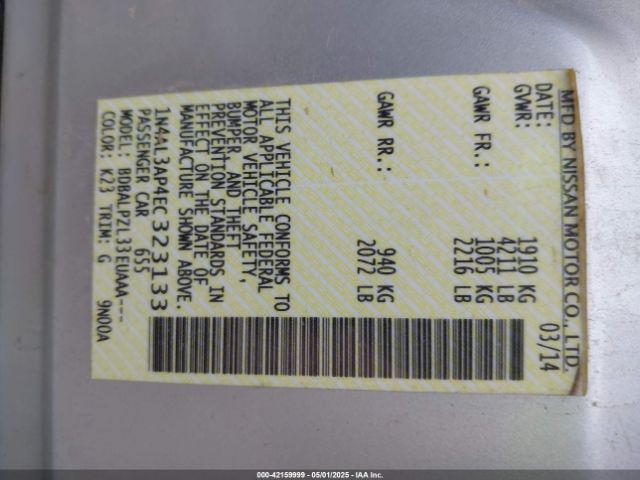 1N4AL3AP4EC323133 Nissan ALTIMA 2.5