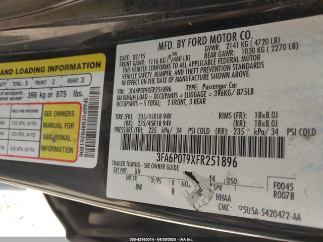 3FA6P0T9XFR251896 Ford FUSION SE