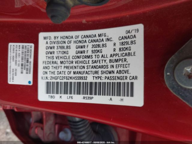 2HGFC2F62KH559932 Honda Civic Lx