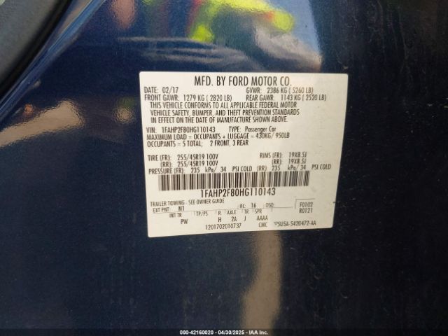 1FAHP2F80HG110143 Ford Taurus Limited