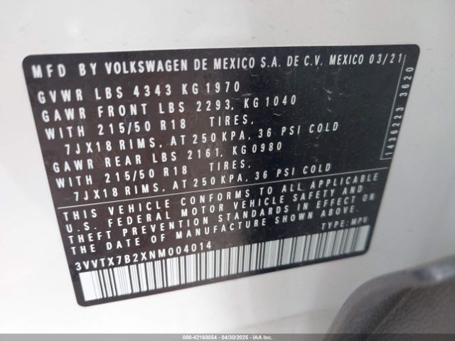 3VVTX7B2XNM004014 Volkswagen Taos 1.5t Se