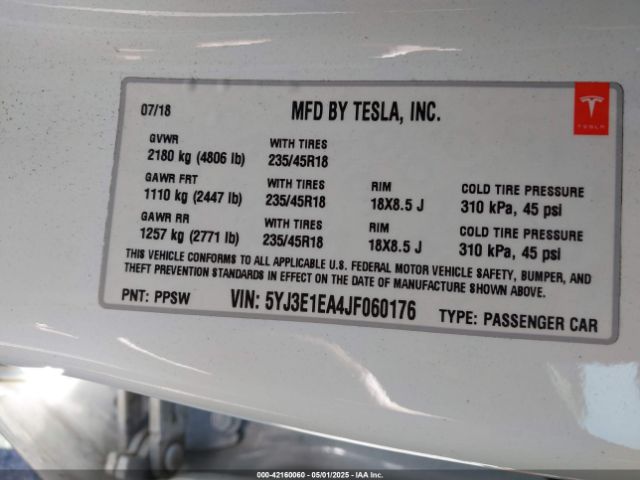 5YJ3E1EA4JF060176 Tesla MODEL 3