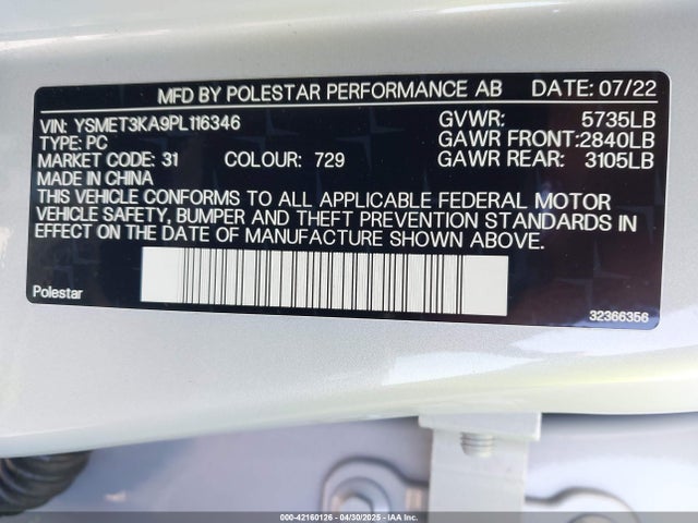 YSMET3KA9PL116346 Polestar 2 Long Range Dual Motor Bst Edition 230/long Range Dual Motor Bst Edition 270
