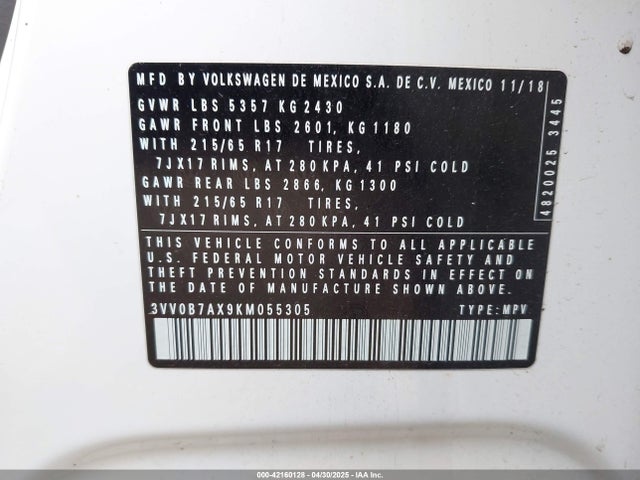 3VV0B7AX9KM055305 Volkswagen Tiguan 2.0t S