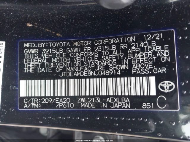 JTDEAMDE8NJ048914 Toyota Corolla Hybrid Le