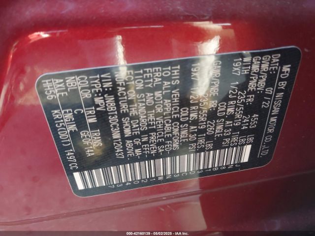 JN8BT3DC3NW120437 Nissan Rogue Platinum Fwd