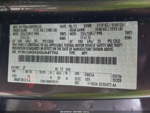 1FMCU9GX2GUA47702 Ford ESCAPE SE