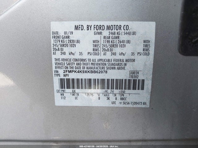 2FMPK4K9XKBB62078 Ford Edge Titanium