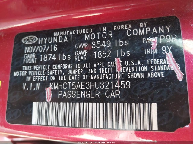 KMHCT5AE3HU321459 Hyundai ACCENT SE