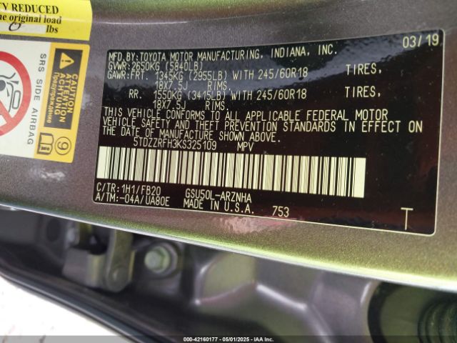 5TDZZRFH3KS325109 Toyota Highlander Le