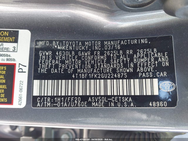 4T1BF1FK2GU224875 Toyota CAMRY SE