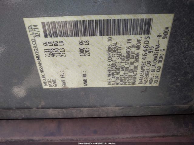 1N4AA5AP9EC464605 Nissan Maxima 3.5 S/3.5 Sv