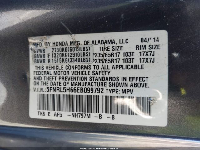 5FNRL5H66EB099792 Honda Odyssey Ex-l