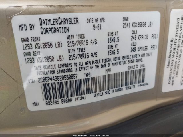 2002 CHRYSLER TOWN & COUNTRY 2C8GP44382R550897 Photo 8