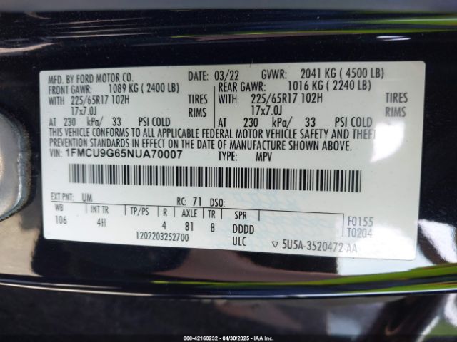1FMCU9G65NUA70007 Ford ESCAPE SE