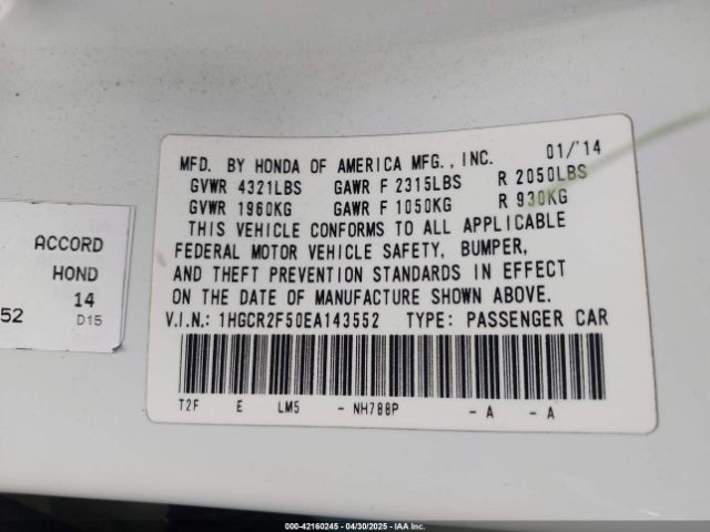 1HGCR2F50EA143552 Honda Accord Sport