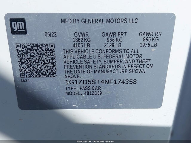 1G1ZD5ST4NF174358 Chevrolet Malibu Fwd Lt