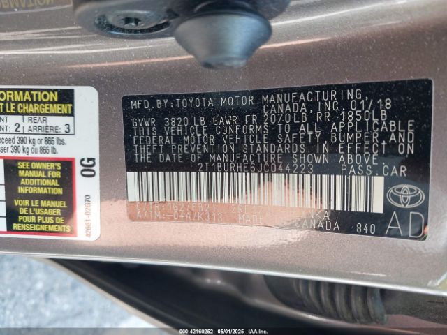 2T1BURHE6JC044223 Toyota COROLLA LE