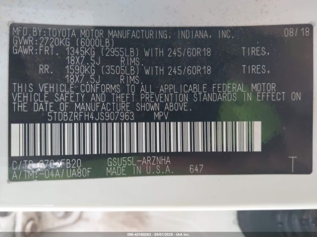 5TDBZRFH4JS907963 Toyota Highlander Le