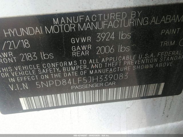 5NPD84LF5JH339083 Hyundai ELANTRA SEL