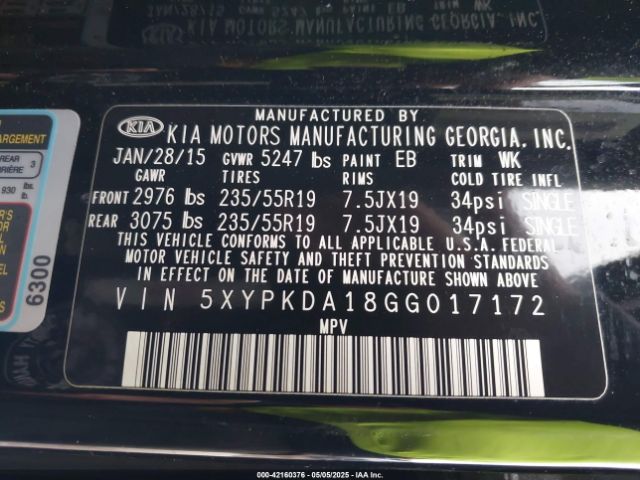5XYPKDA18GG017172 KIA Sorento 2.0t Sxl