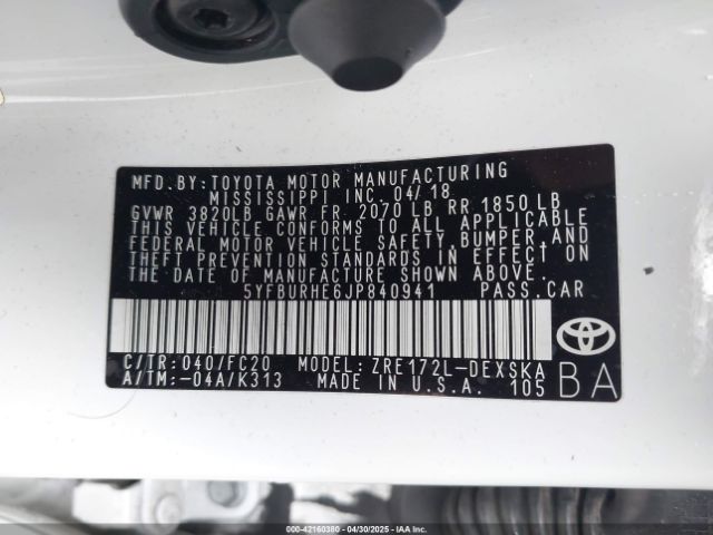 5YFBURHE6JP840941 Toyota COROLLA SE